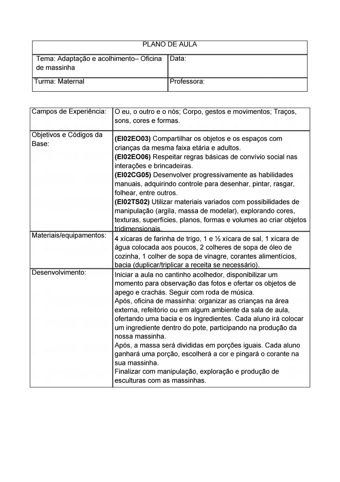 Amostra de plano de aula