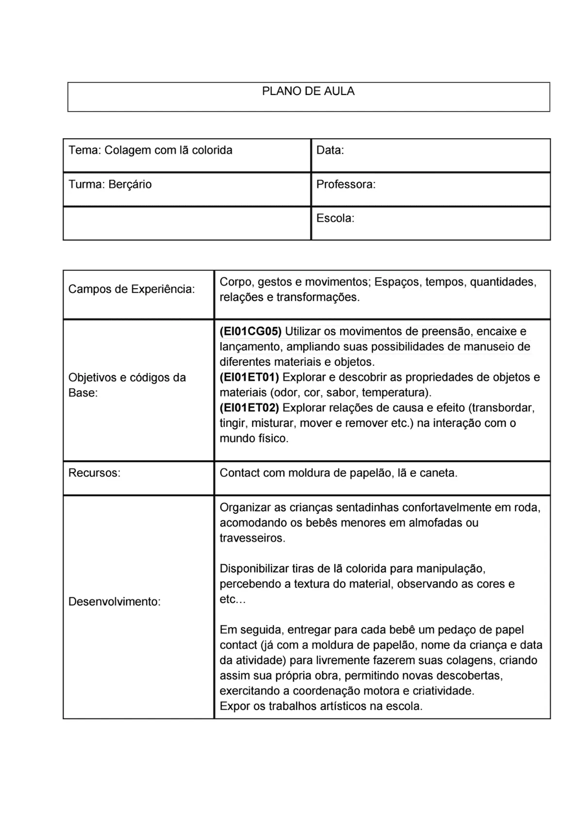 Amostra de plano de aula