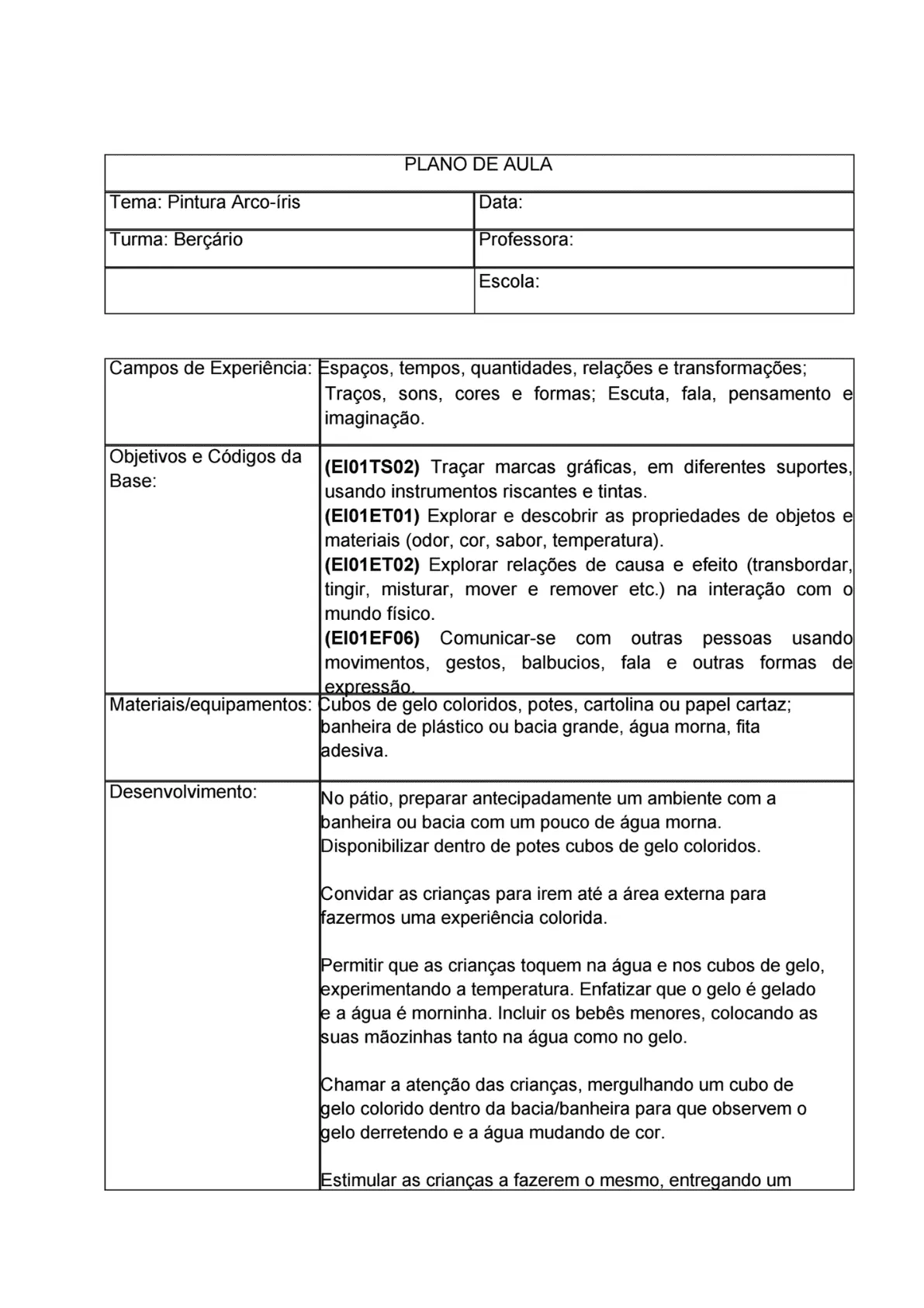 Amostra de plano de aula