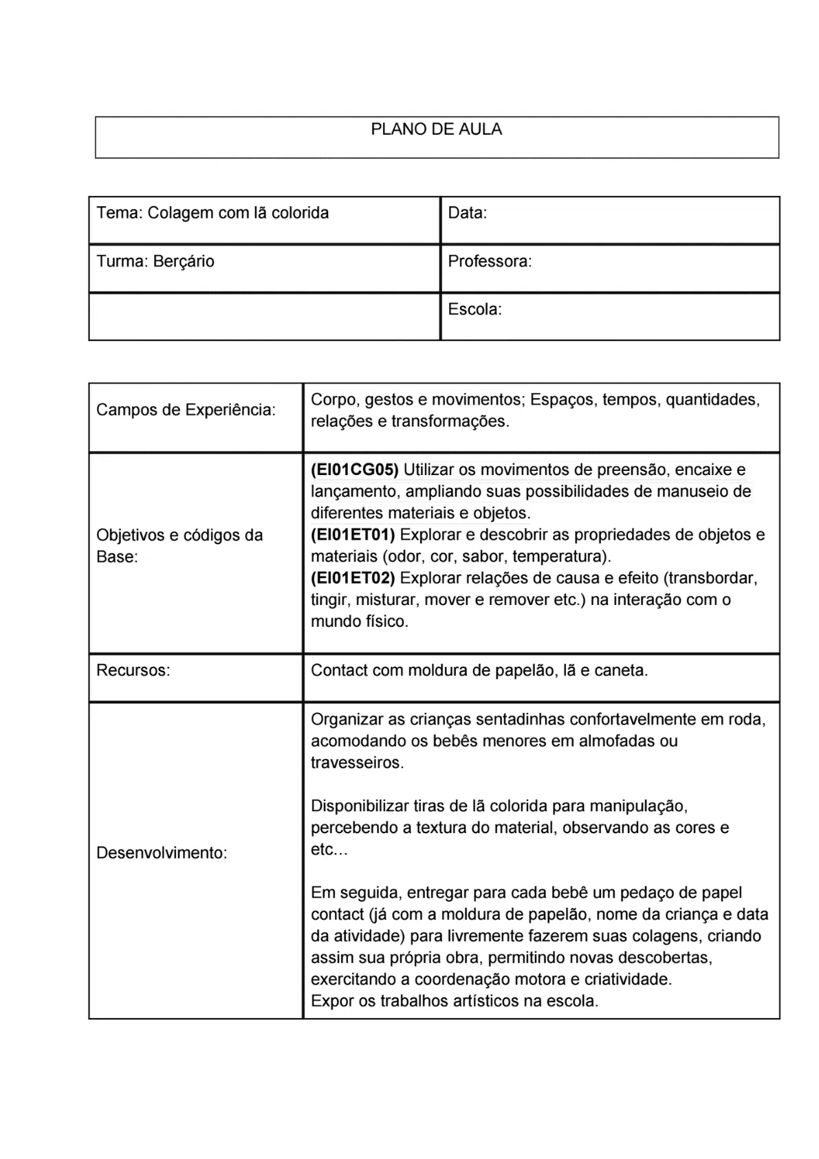 Amostra de plano de aula